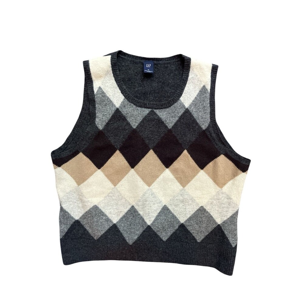 Vintage Gap 100% Lambswool Argyle Sweater 2003 Neutral Preppy Knit Hong Kong